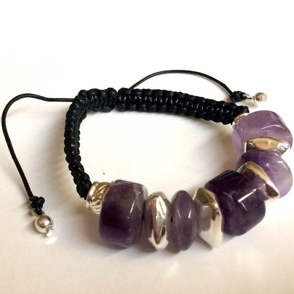 Silver Amethyst Stone Rope Bracelet Purple 6-9" - Picture 9 of 11
